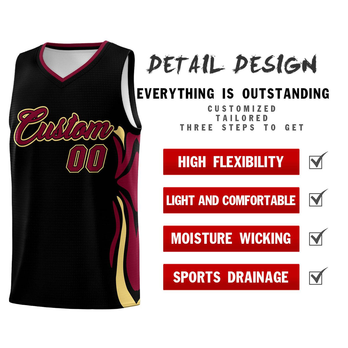 Custom Black Crimson-Khaki Graffiti Pattern Side Curve Pattern Sports Uniform Basketball Jersey Sets