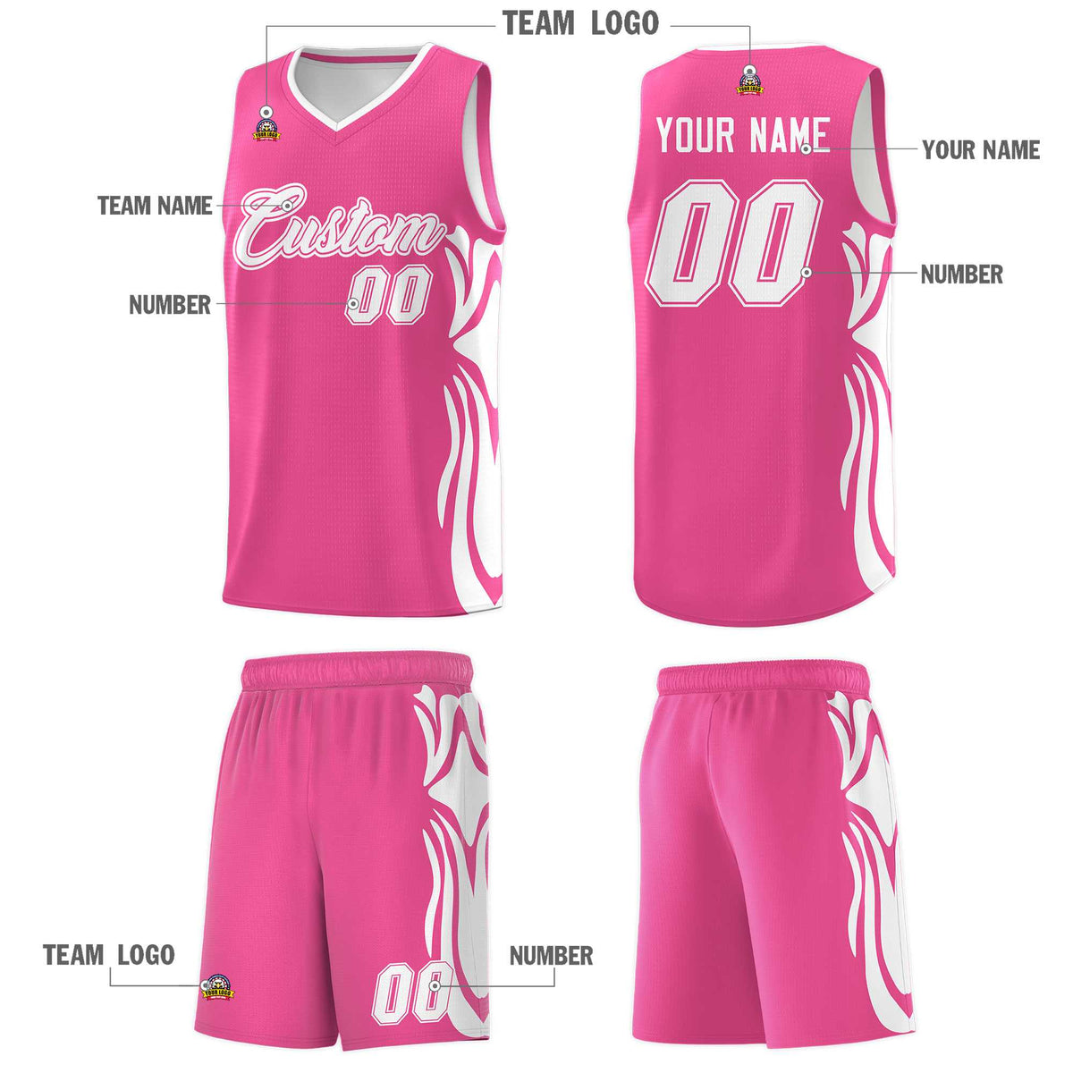 Custom Pink White-White Graffiti Pattern Side Curve Pattern Sports Uniform Basketball Jersey Sets
