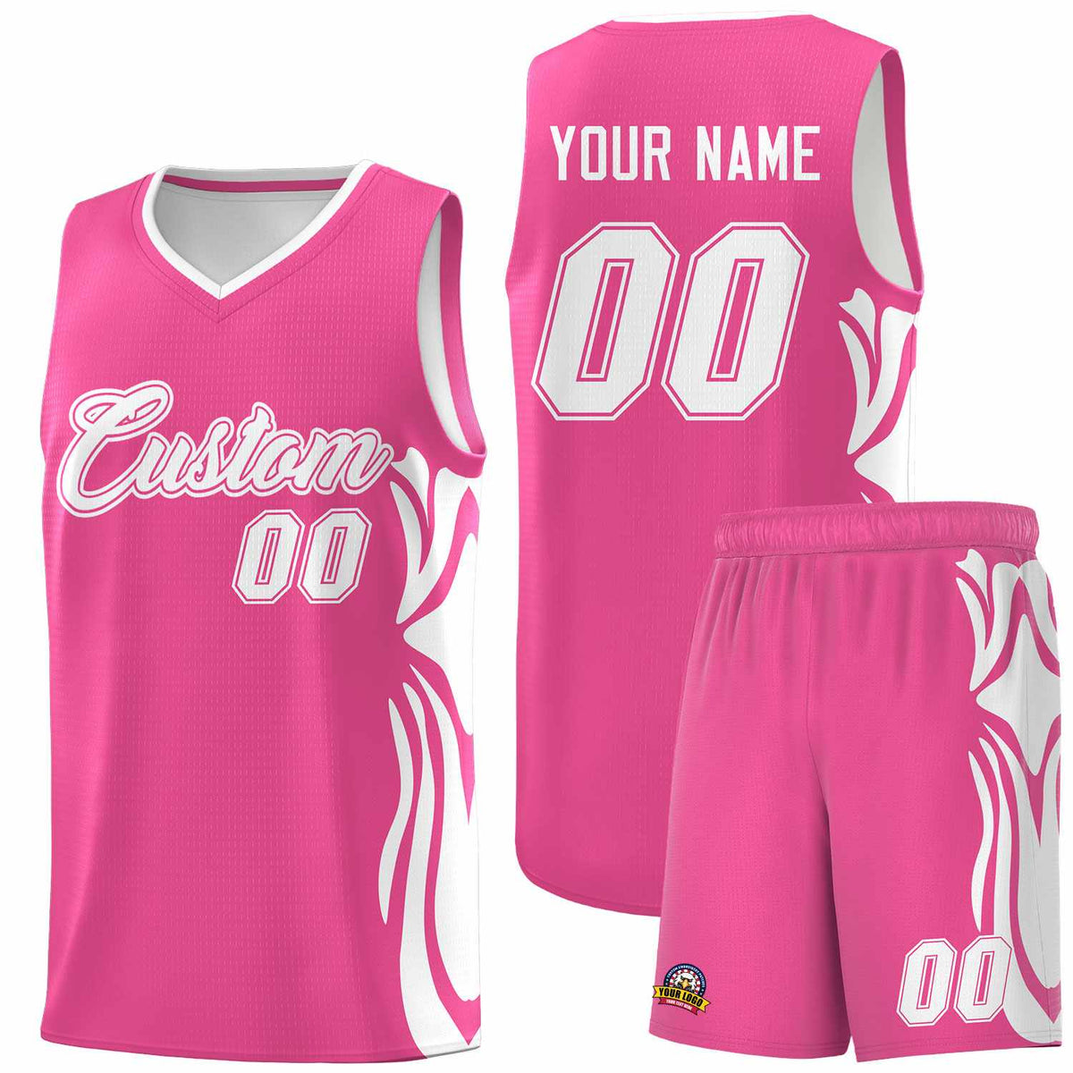 Custom Pink White-White Graffiti Pattern Side Curve Pattern Sports Uniform Basketball Jersey Sets