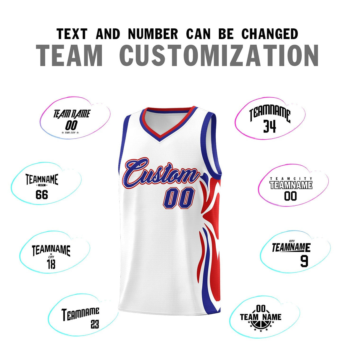 Custom White Royal-Red Graffiti Pattern Side Curve Pattern Sports Uniform Basketball Jersey Sets