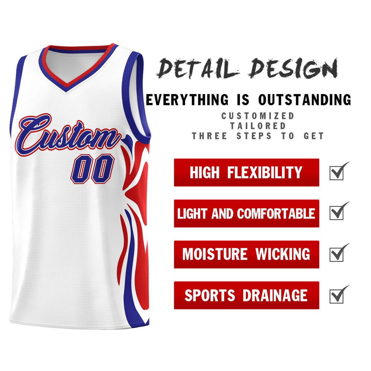 Custom White Royal-Red Graffiti Pattern Side Curve Pattern Sports Uniform Basketball Jersey Sets