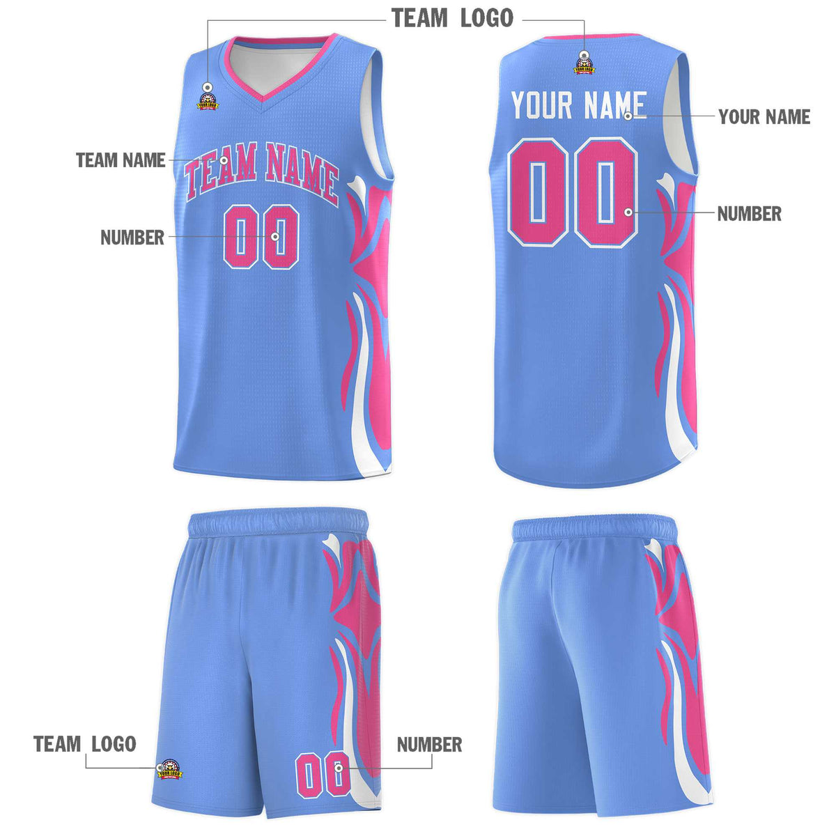 Custom Light Blue Pink-White Graffiti Pattern Side Curve Pattern Sports Uniform Basketball Jersey Sets