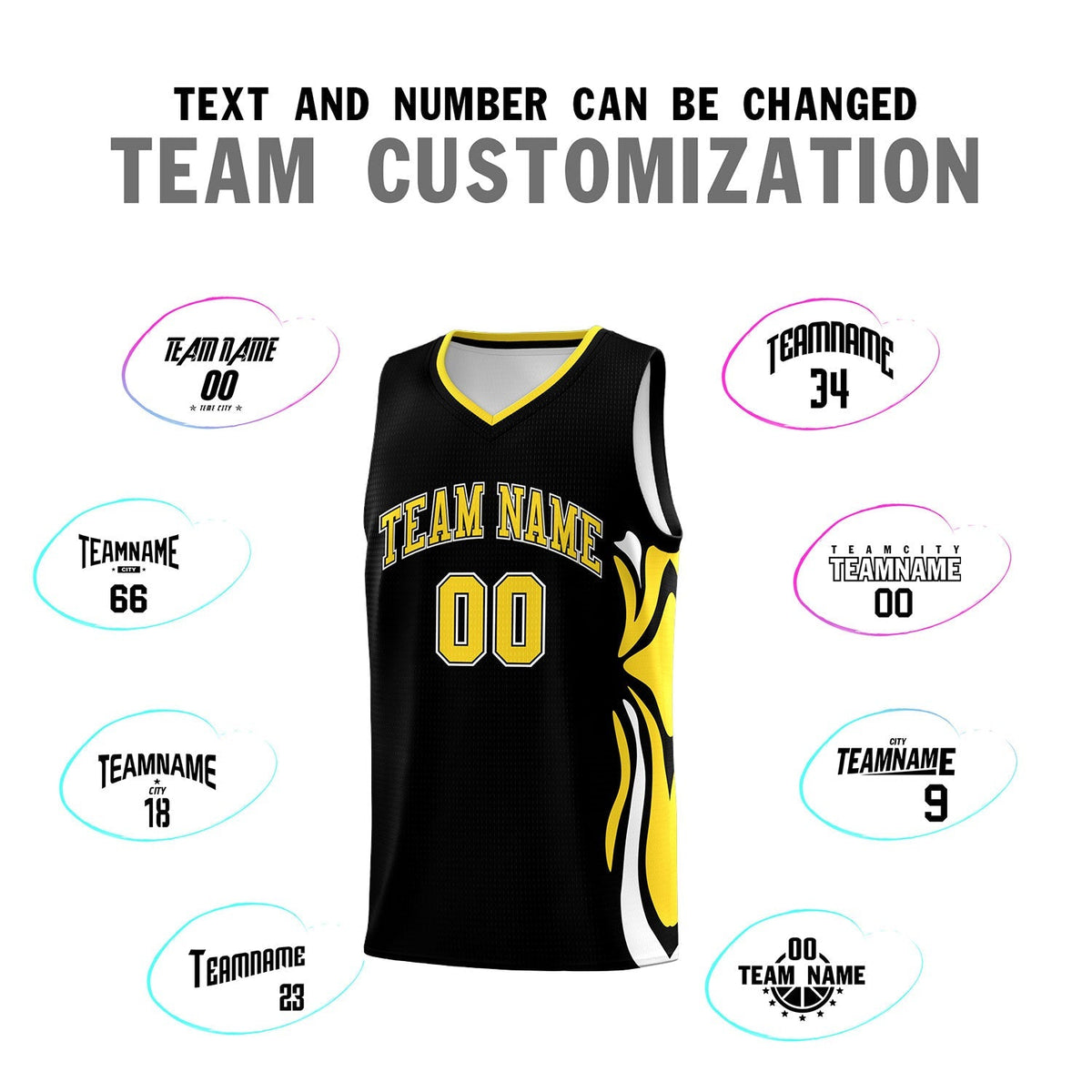 Custom Black Gold-White Graffiti Pattern Side Curve Pattern Sports Uniform Basketball Jersey Sets