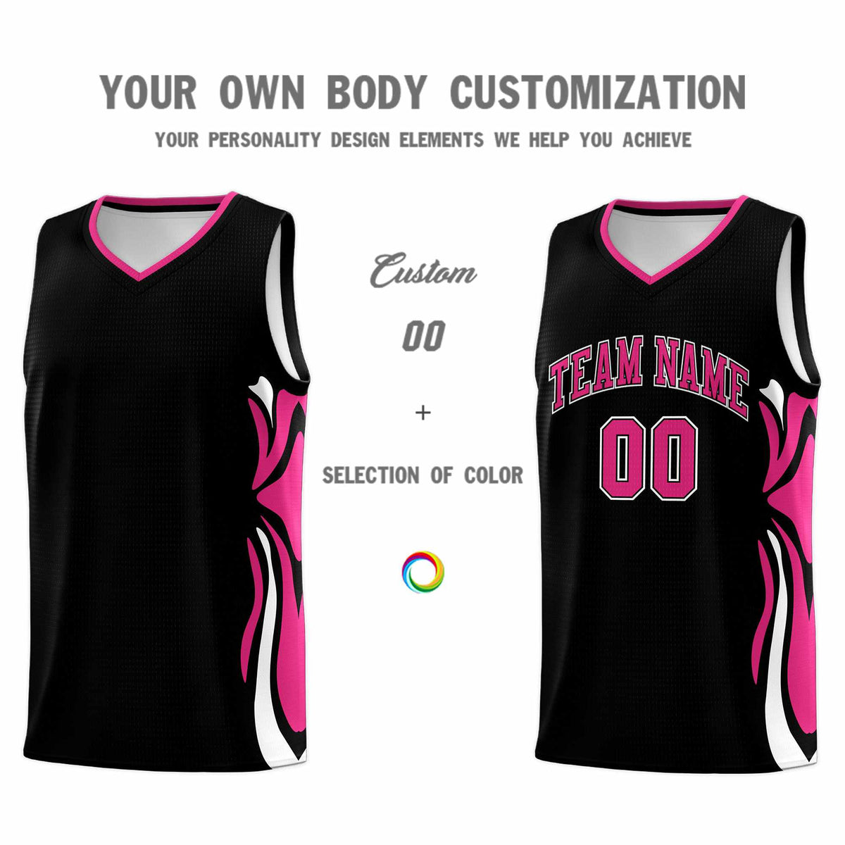 Custom Black Pink-White Graffiti Pattern Side Curve Pattern Sports Uniform Basketball Jersey Sets