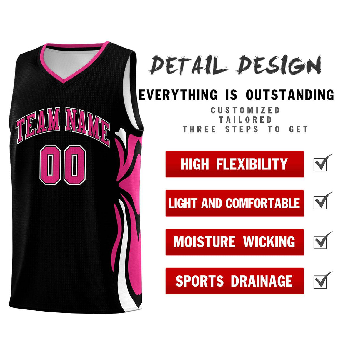 Custom Black Pink-White Graffiti Pattern Side Curve Pattern Sports Uniform Basketball Jersey Sets