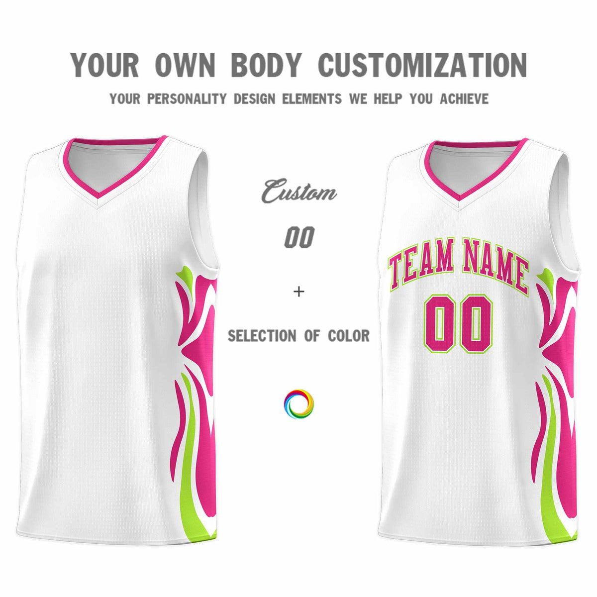 Custom White Pink-Light Green Graffiti Pattern Side Curve Pattern Sports Uniform Basketball Jersey Sets