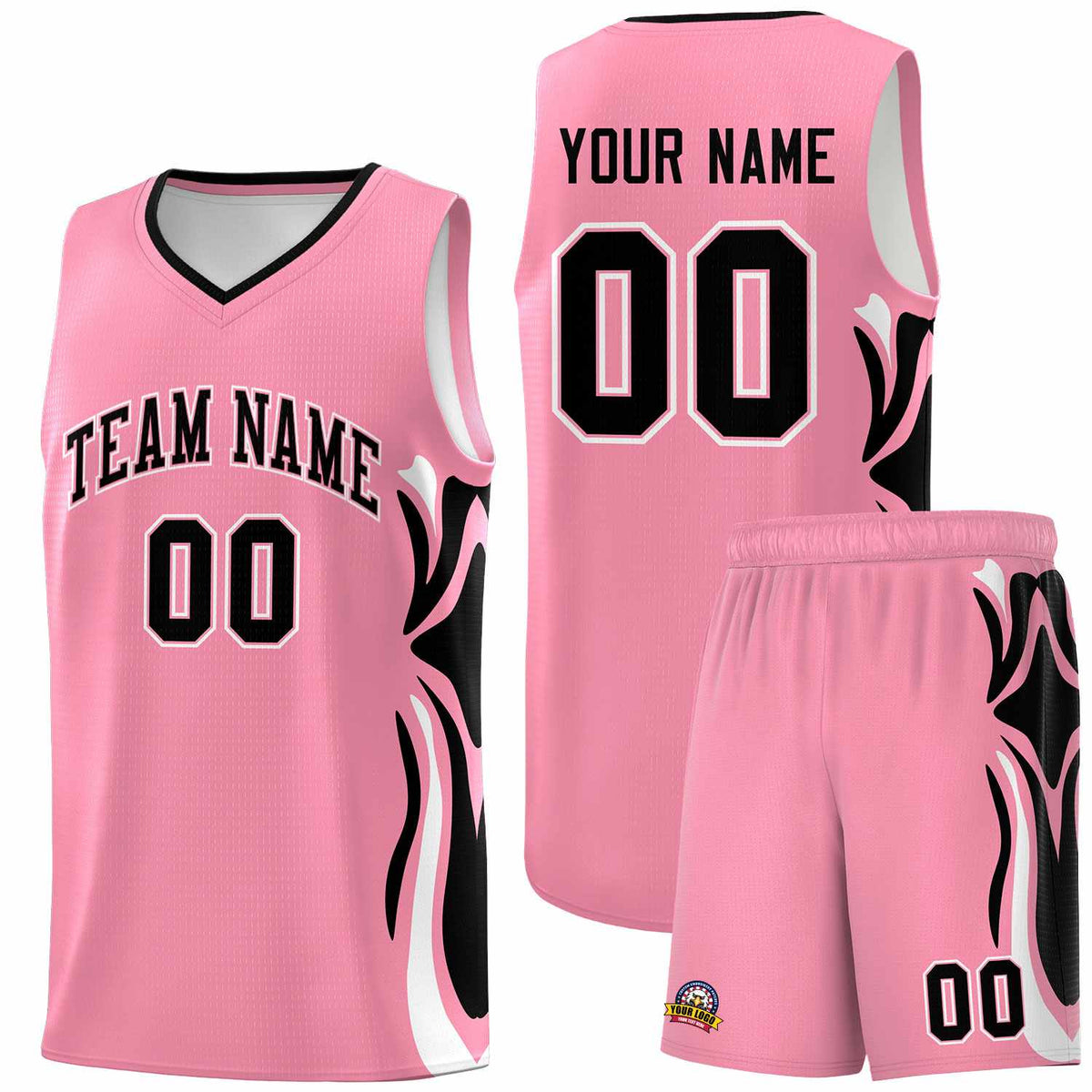 Custom Light Pink Black-White Graffiti Pattern Side Curve Pattern Sports Uniform Basketball Jersey Sets