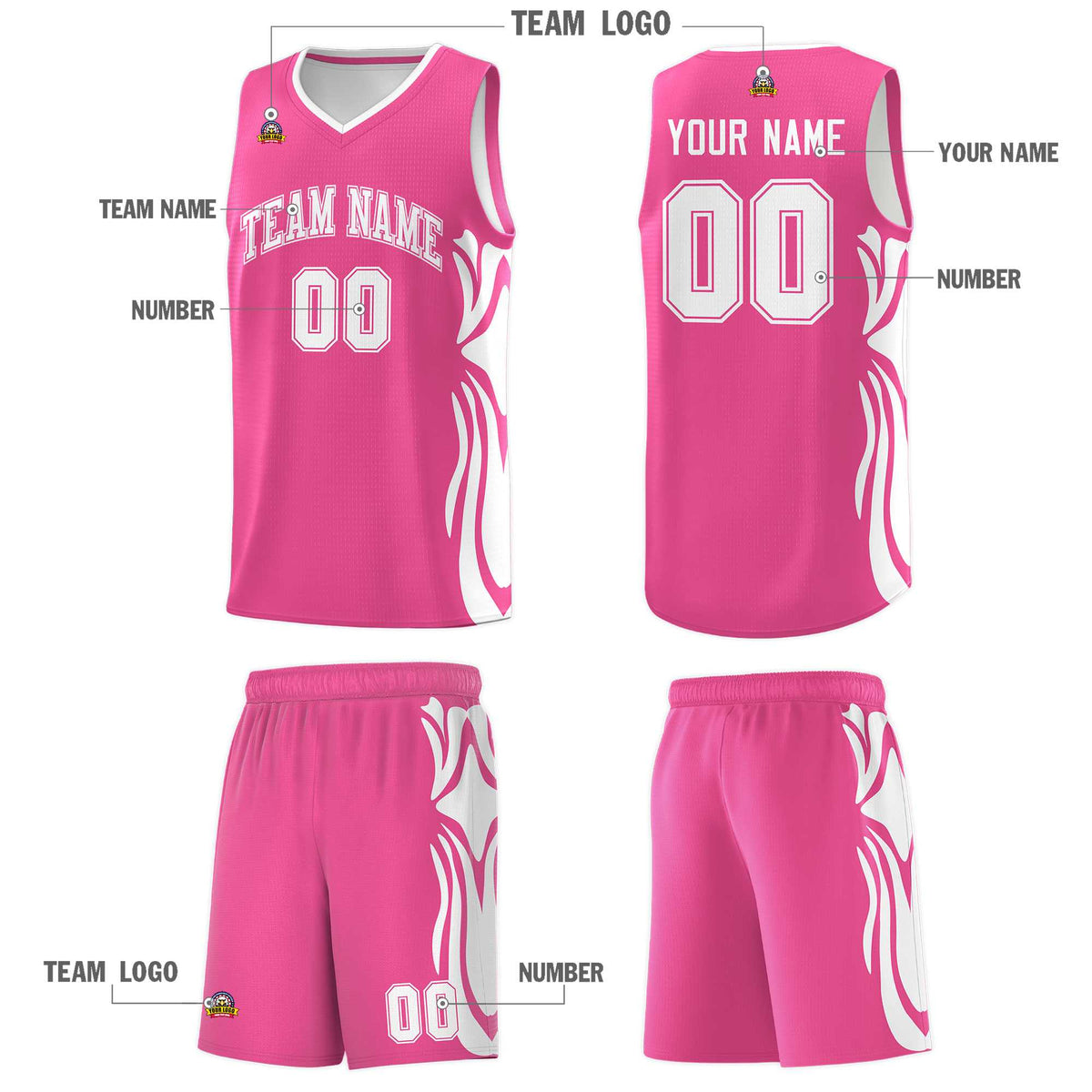 Custom Pink White-White Graffiti Pattern Side Curve Pattern Sports Uniform Basketball Jersey Sets