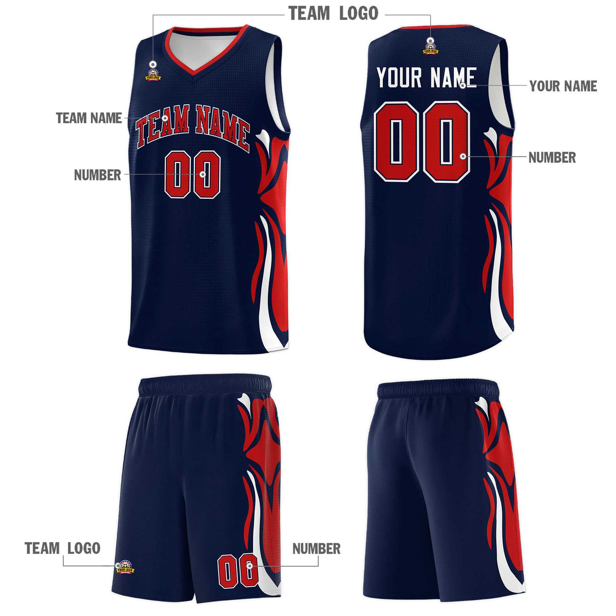Custom Navy Red-White Graffiti Pattern Side Curve Pattern Sports Uniform Basketball Jersey Sets