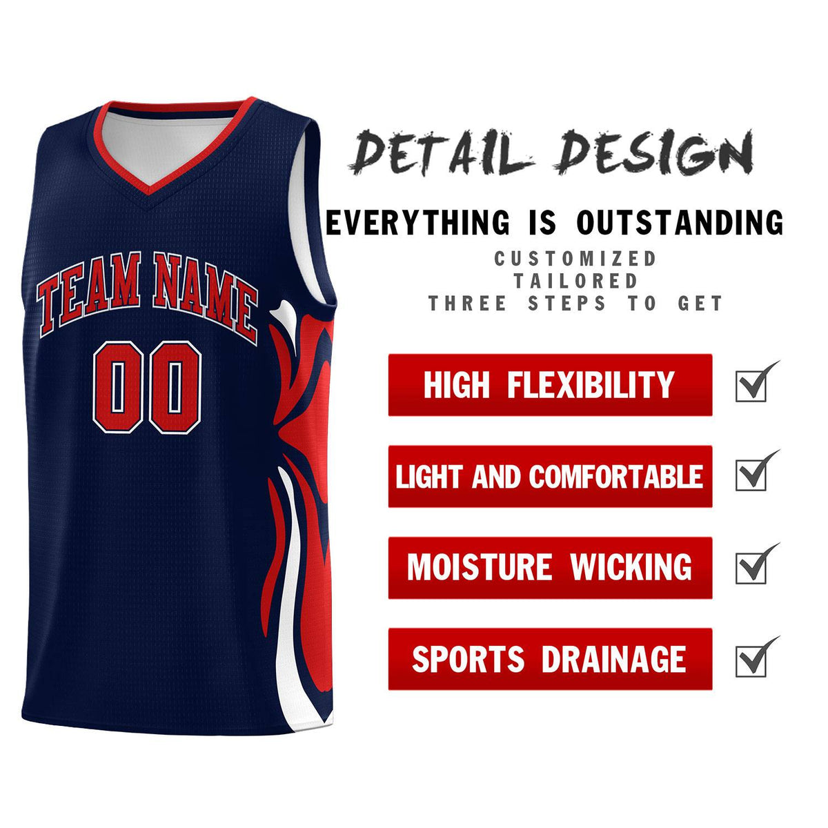 Custom Navy Red-White Graffiti Pattern Side Curve Pattern Sports Uniform Basketball Jersey Sets