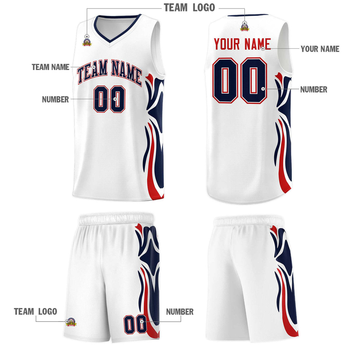 Custom White Navy-Red Graffiti Pattern Side Curve Pattern Sports Uniform Basketball Jersey Sets