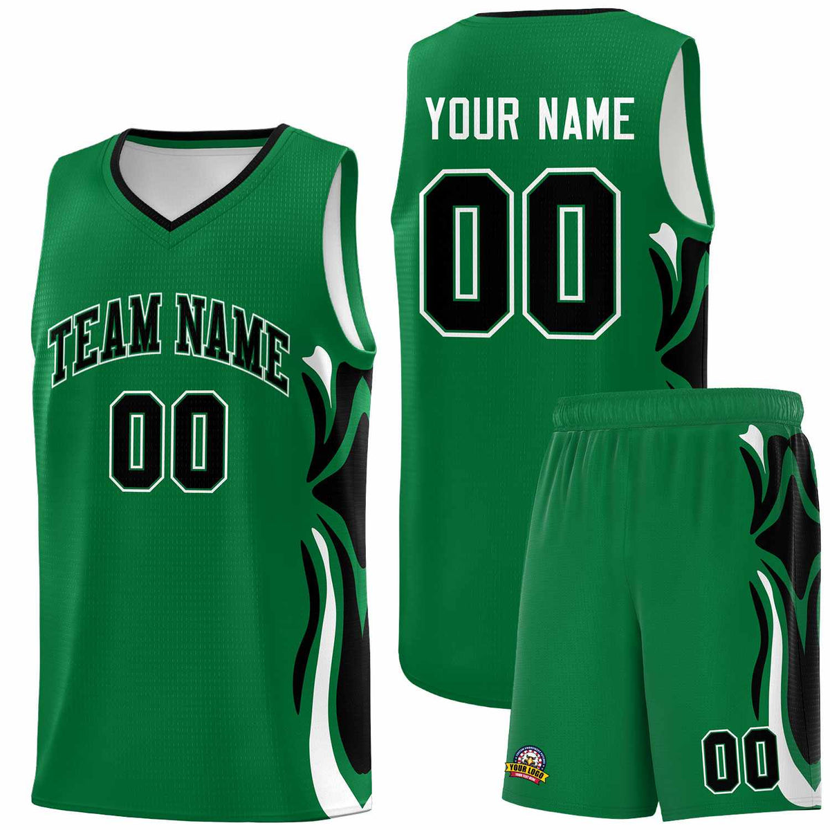 Custom Kelly Green Black-White Graffiti Pattern Side Curve Pattern Sports Uniform Basketball Jersey Sets