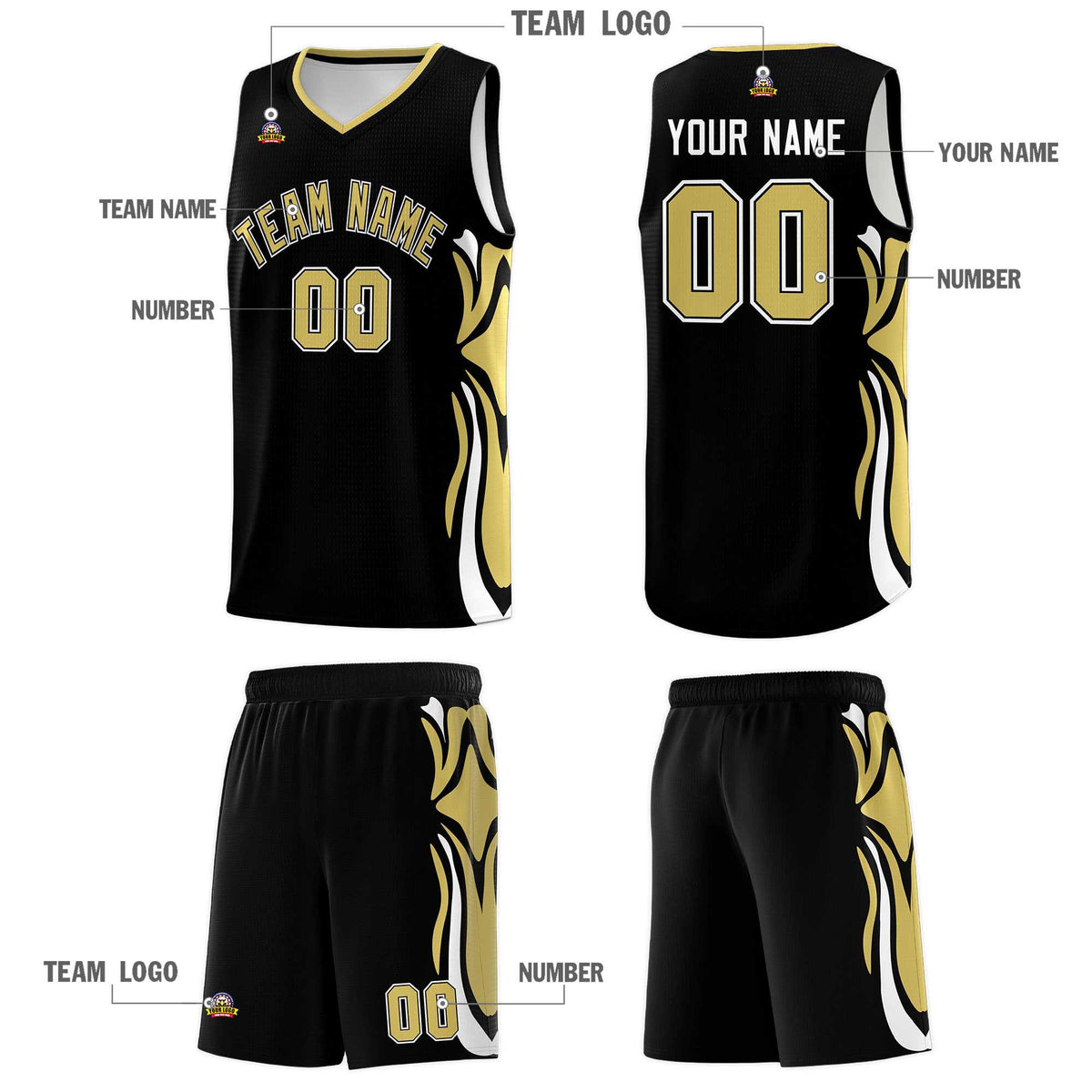 Custom Black Old Gold-White Graffiti Pattern Side Curve Pattern Sports Uniform Basketball Jersey Sets