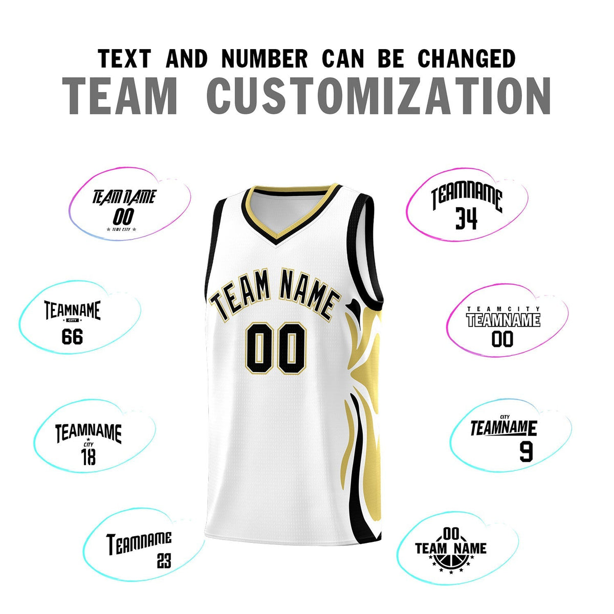 Custom White Black-Old Gold Graffiti Pattern Side Curve Pattern Sports Uniform Basketball Jersey Sets
