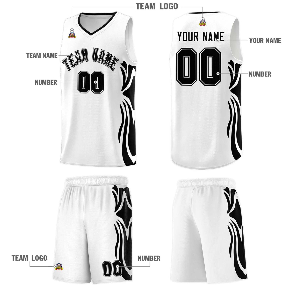 Custom White Black-Black Graffiti Pattern Side Curve Pattern Sports Uniform Basketball Jersey Sets