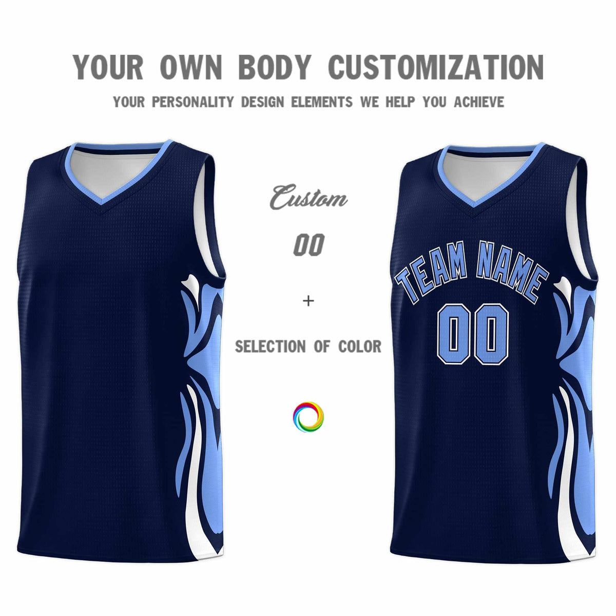 Custom Navy Light Blue-White Graffiti Pattern Side Curve Pattern Sports Uniform Basketball Jersey Sets