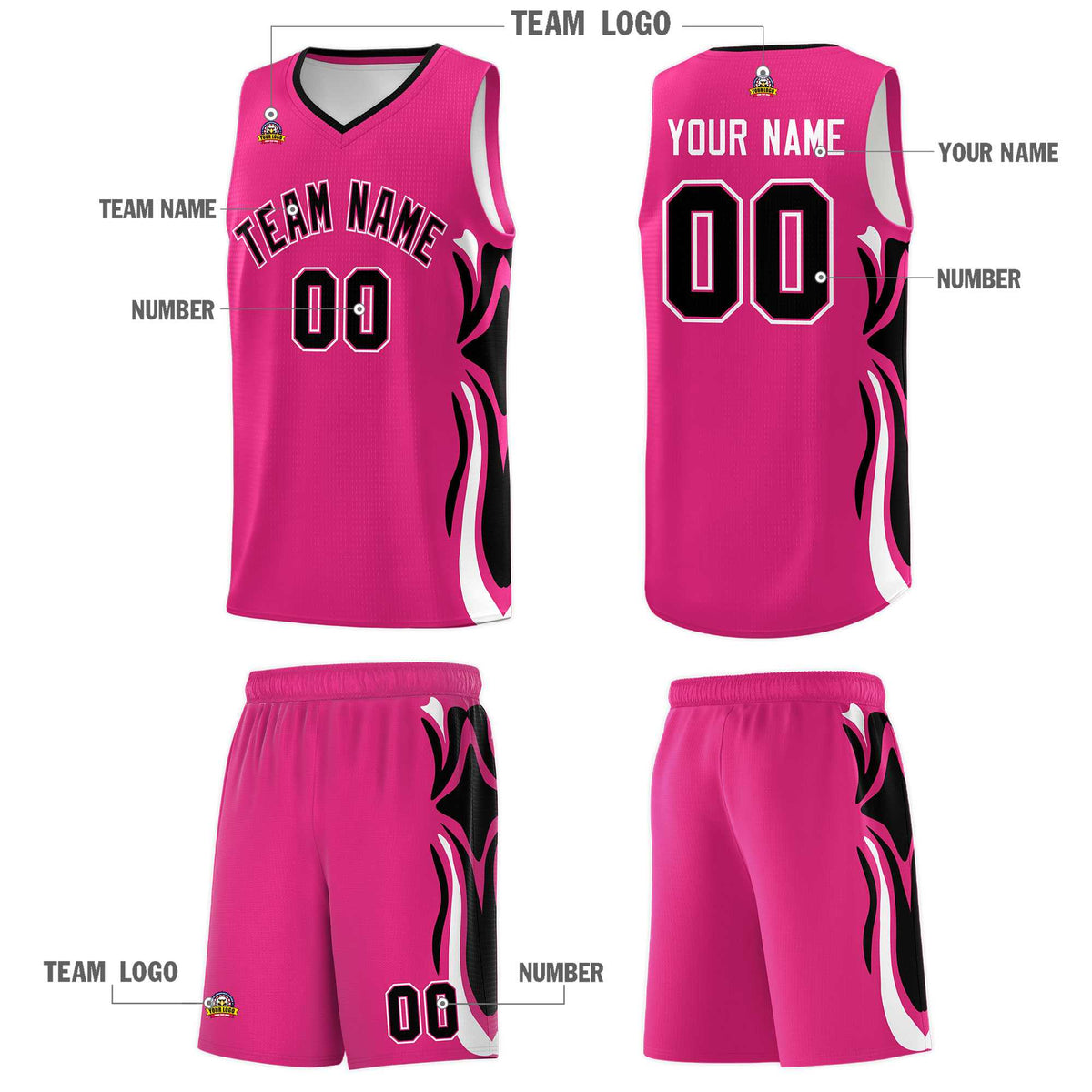Custom Pink Black-White Graffiti Pattern Side Curve Pattern Sports Uniform Basketball Jersey Sets