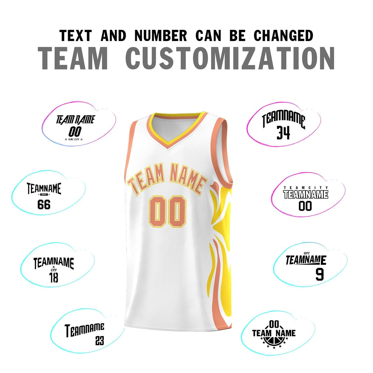 Custom White Light Orange-Gold Graffiti Pattern Side Curve Pattern Sports Uniform Basketball Jersey Sets
