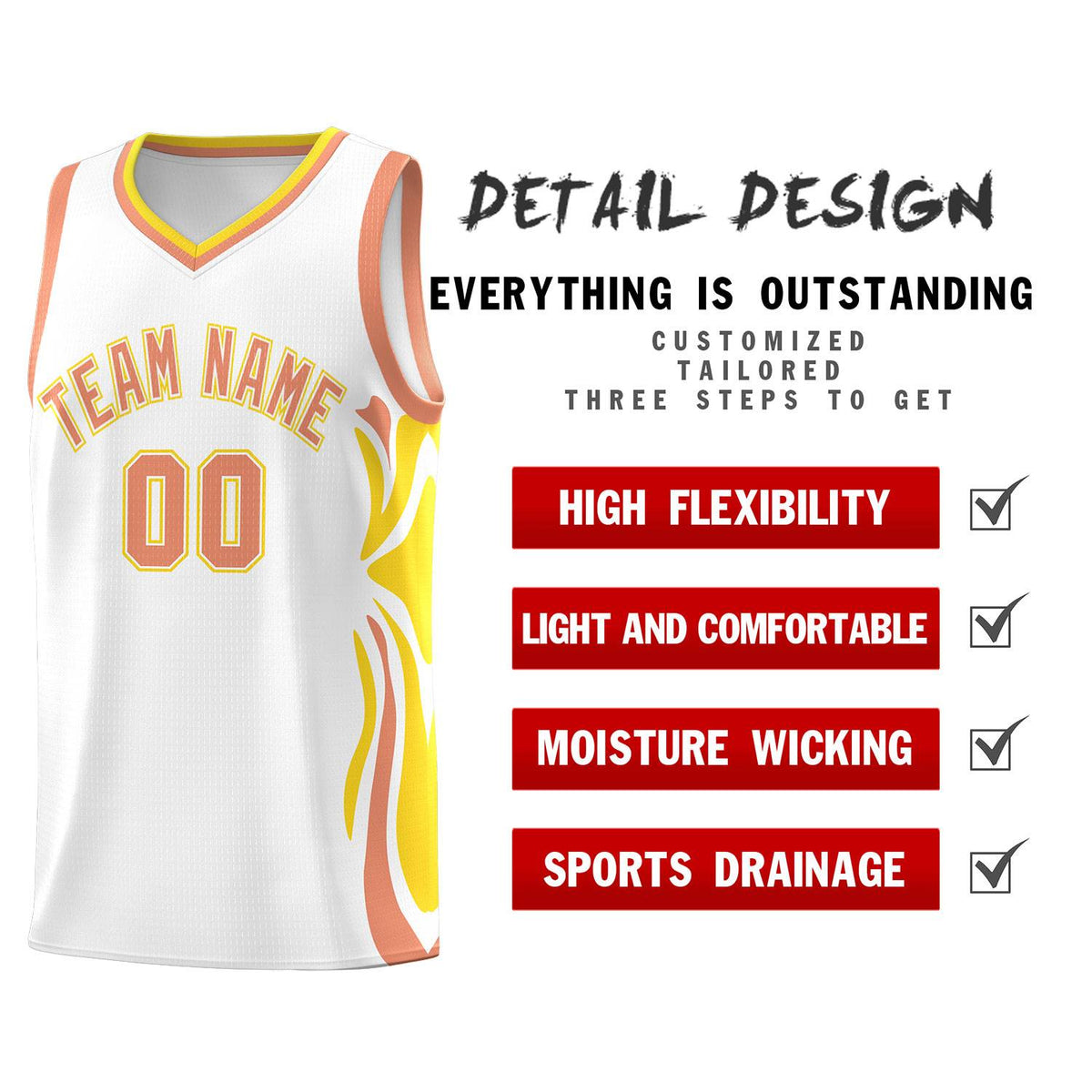 Custom White Light Orange-Gold Graffiti Pattern Side Curve Pattern Sports Uniform Basketball Jersey Sets