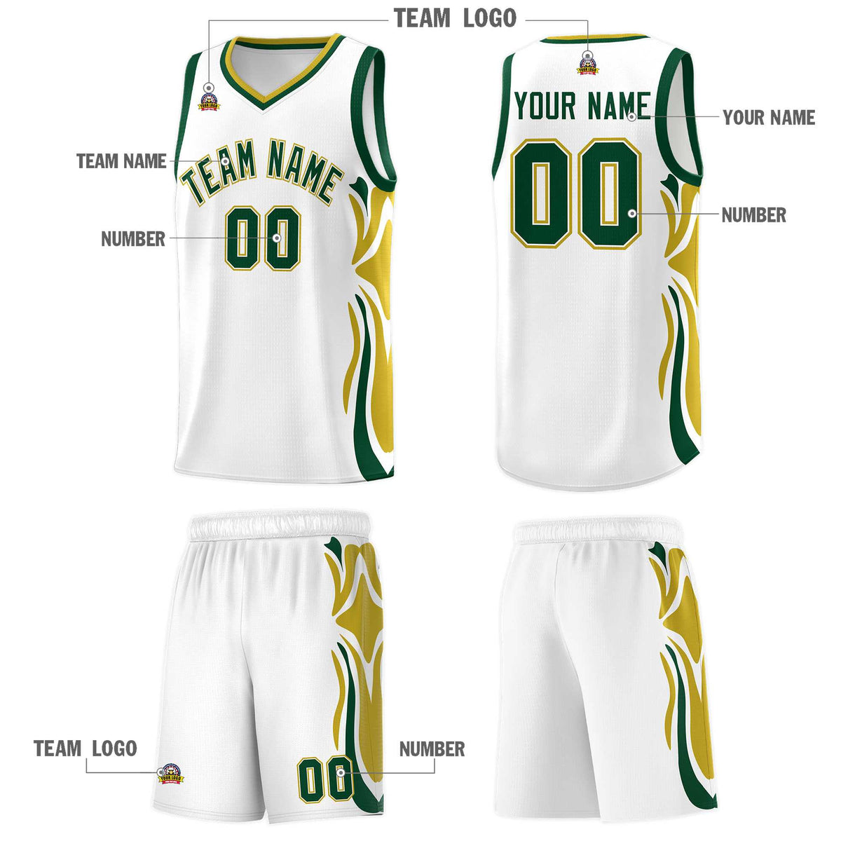 Custom White Green-Old Gold Graffiti Pattern Side Curve Pattern Sports Uniform Basketball Jersey Sets