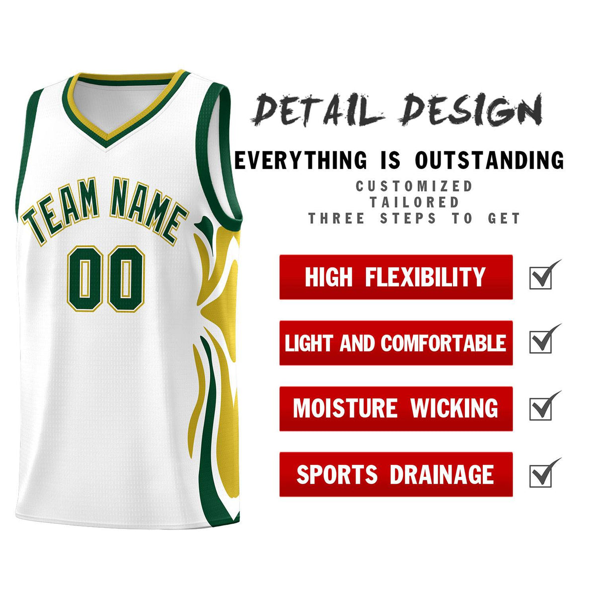Custom White Green-Old Gold Graffiti Pattern Side Curve Pattern Sports Uniform Basketball Jersey Sets