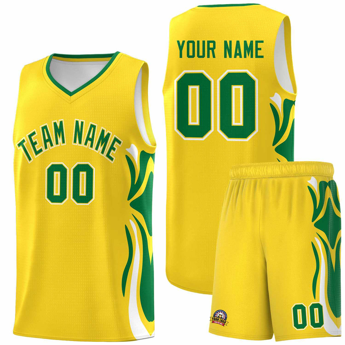 Custom Gold Kelly Green-White Graffiti Pattern Side Curve Pattern Sports Uniform Basketball Jersey Sets