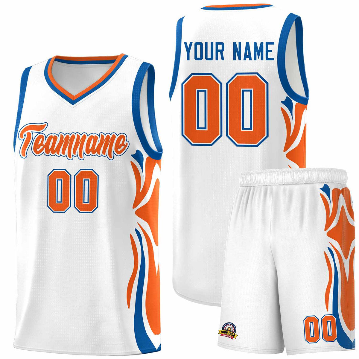 Custom White Orange-Royal Graffiti Pattern Side Curve Pattern Sports Uniform Basketball Jersey Sets