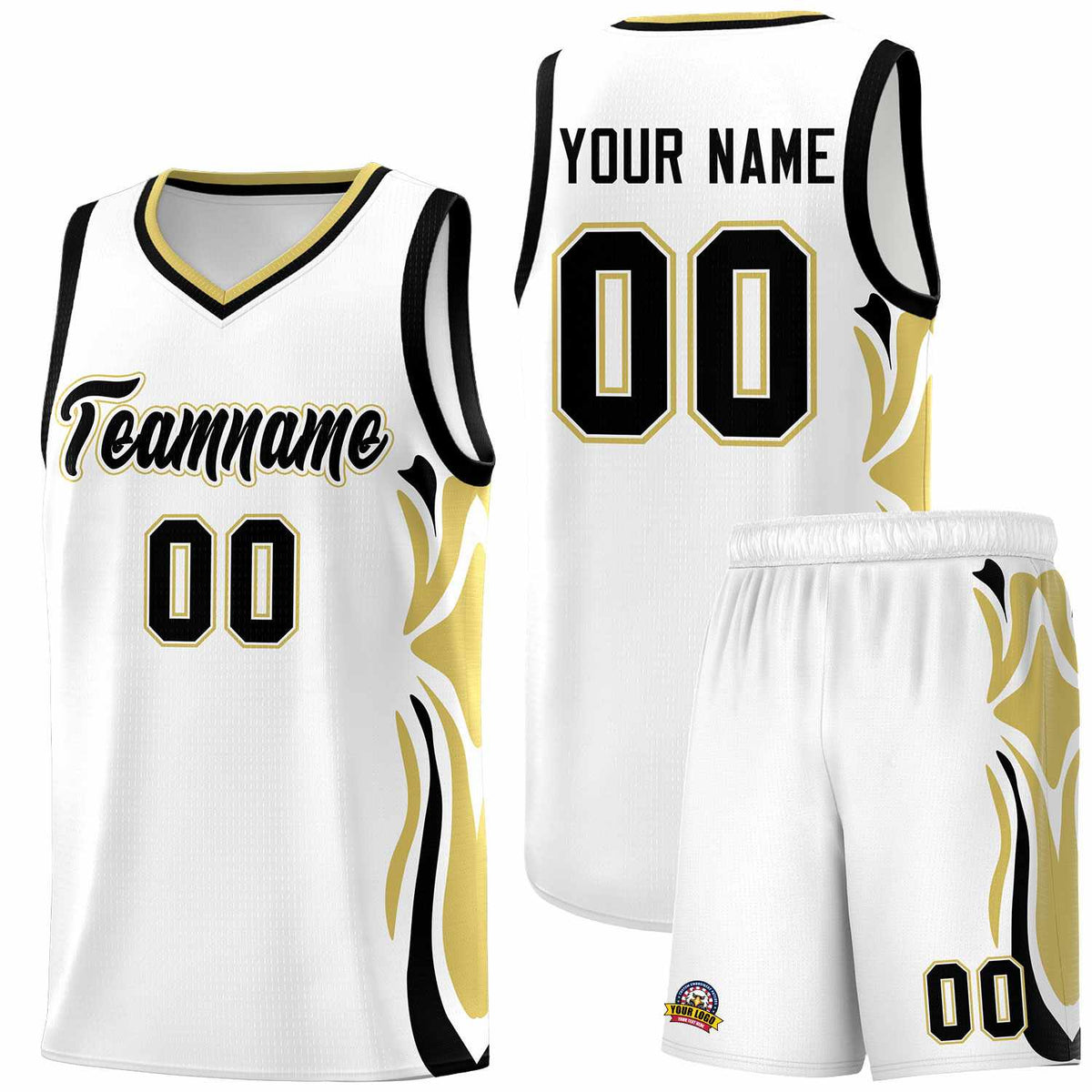 Custom White Black-Old Gold Graffiti Pattern Side Curve Pattern Sports Uniform Basketball Jersey Sets