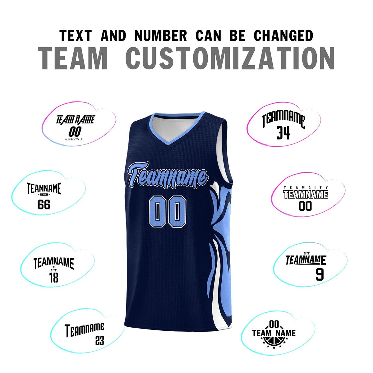 Custom Navy Light Blue-White Graffiti Pattern Side Curve Pattern Sports Uniform Basketball Jersey Sets