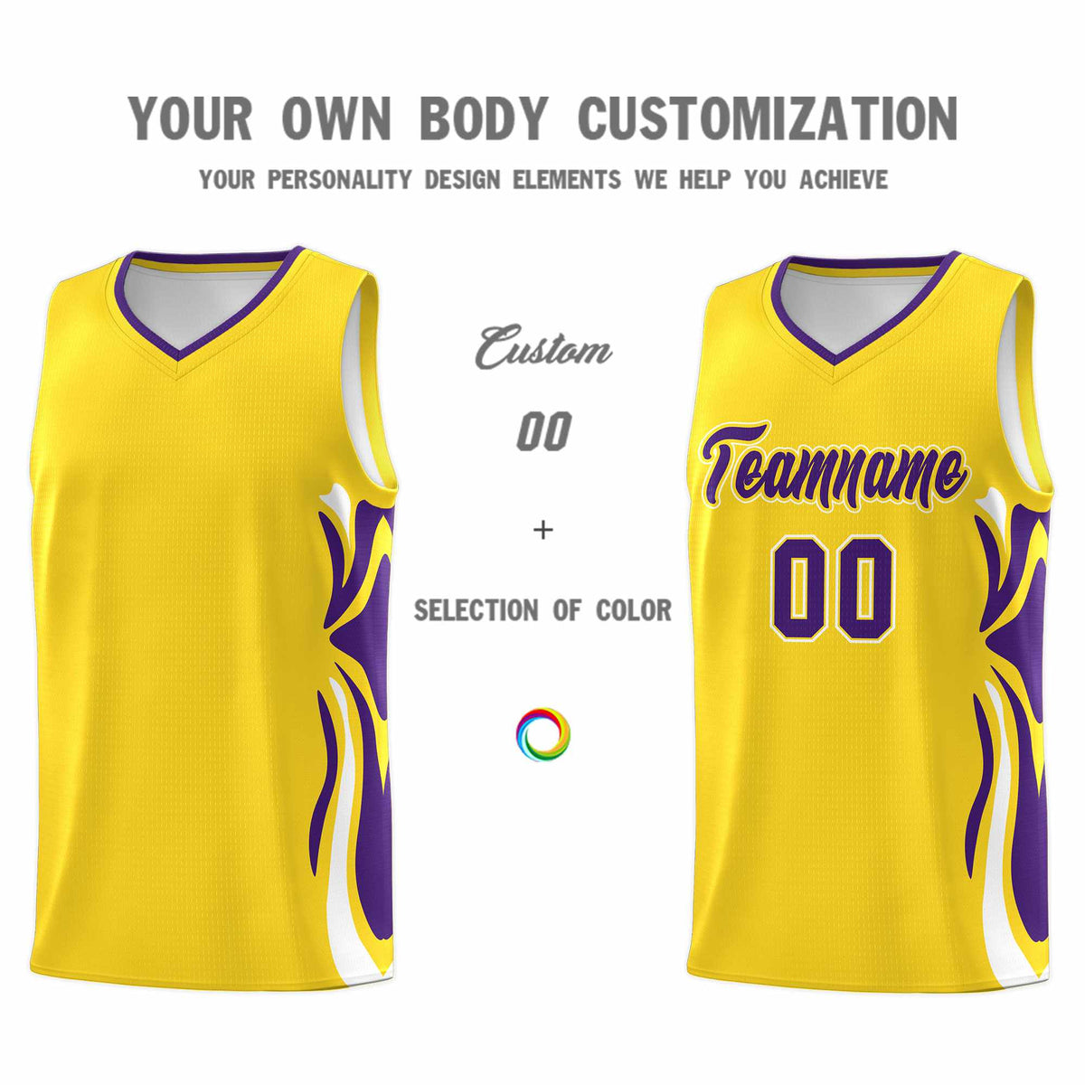 Custom Gold Purple-White Graffiti Pattern Side Curve Pattern Sports Uniform Basketball Jersey Sets