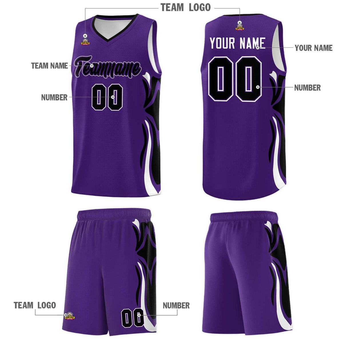 Custom Purple Black-White Graffiti Pattern Side Curve Pattern Sports Uniform Basketball Jersey Sets