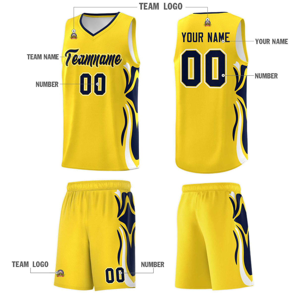 Custom Gold Navy-White Graffiti Pattern Side Curve Pattern Sports Uniform Basketball Jersey Sets
