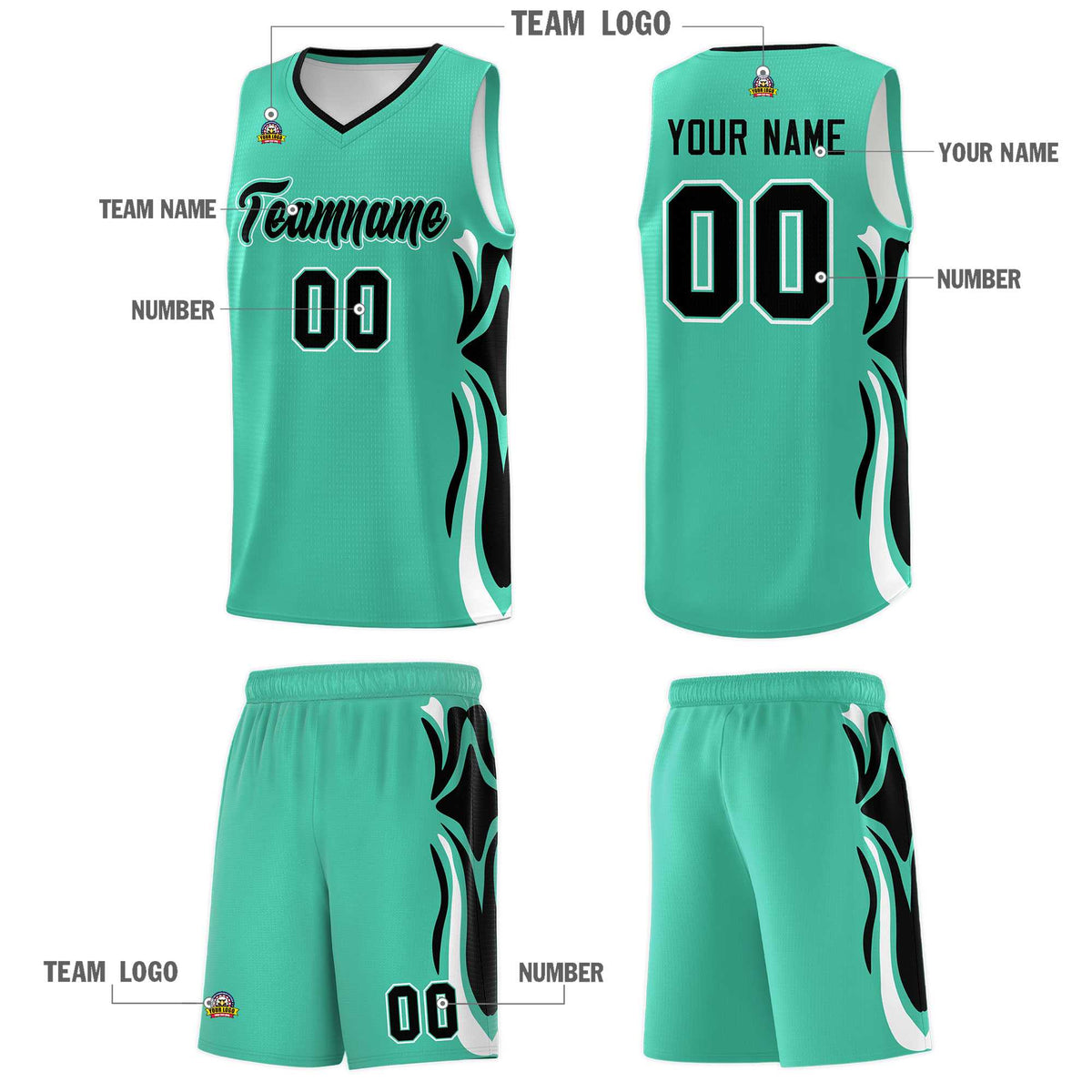 Custom Bright Green Black-White Graffiti Pattern Side Curve Pattern Sports Uniform Basketball Jersey Sets