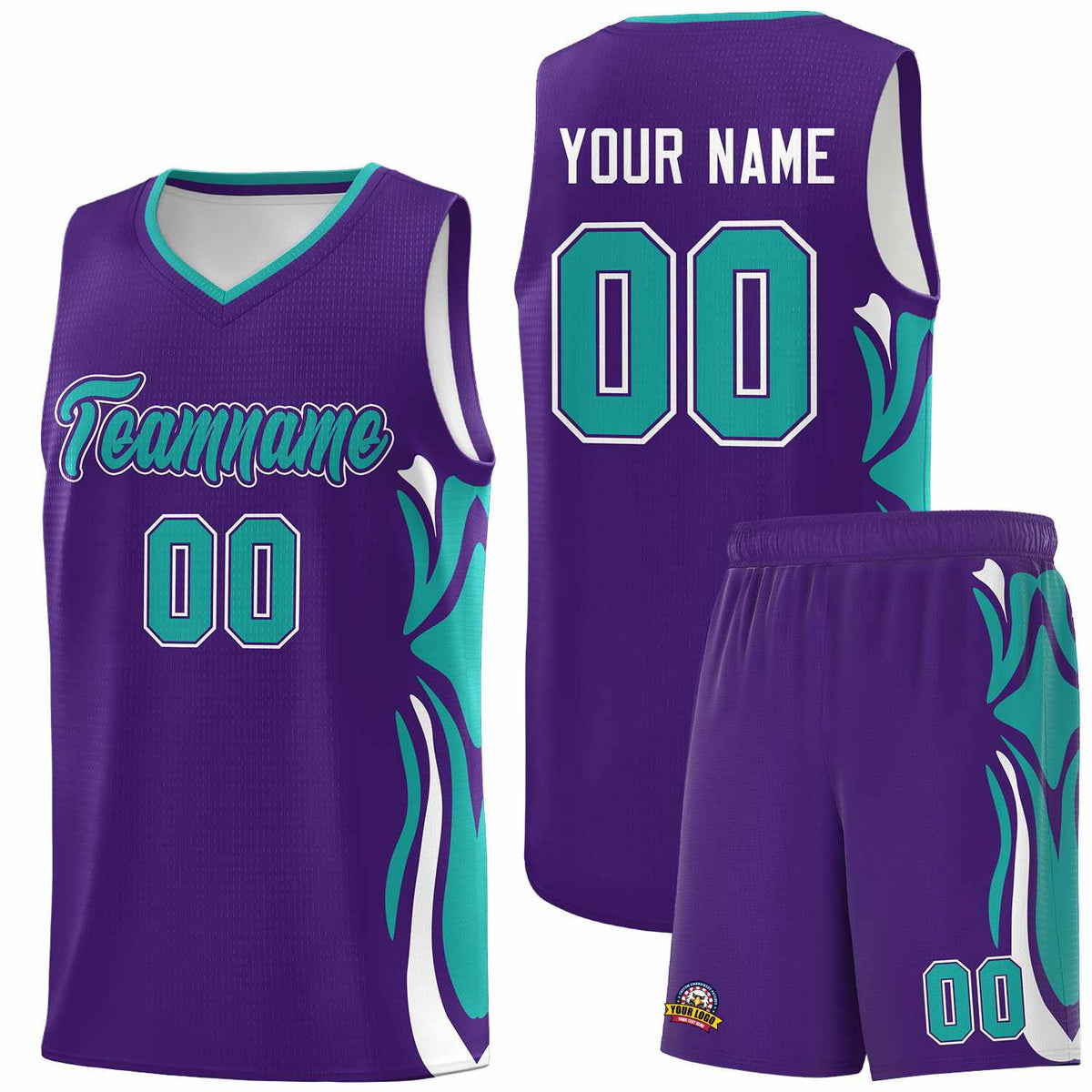 Custom Purple Aqua-White Graffiti Pattern Side Curve Pattern Sports Uniform Basketball Jersey Sets