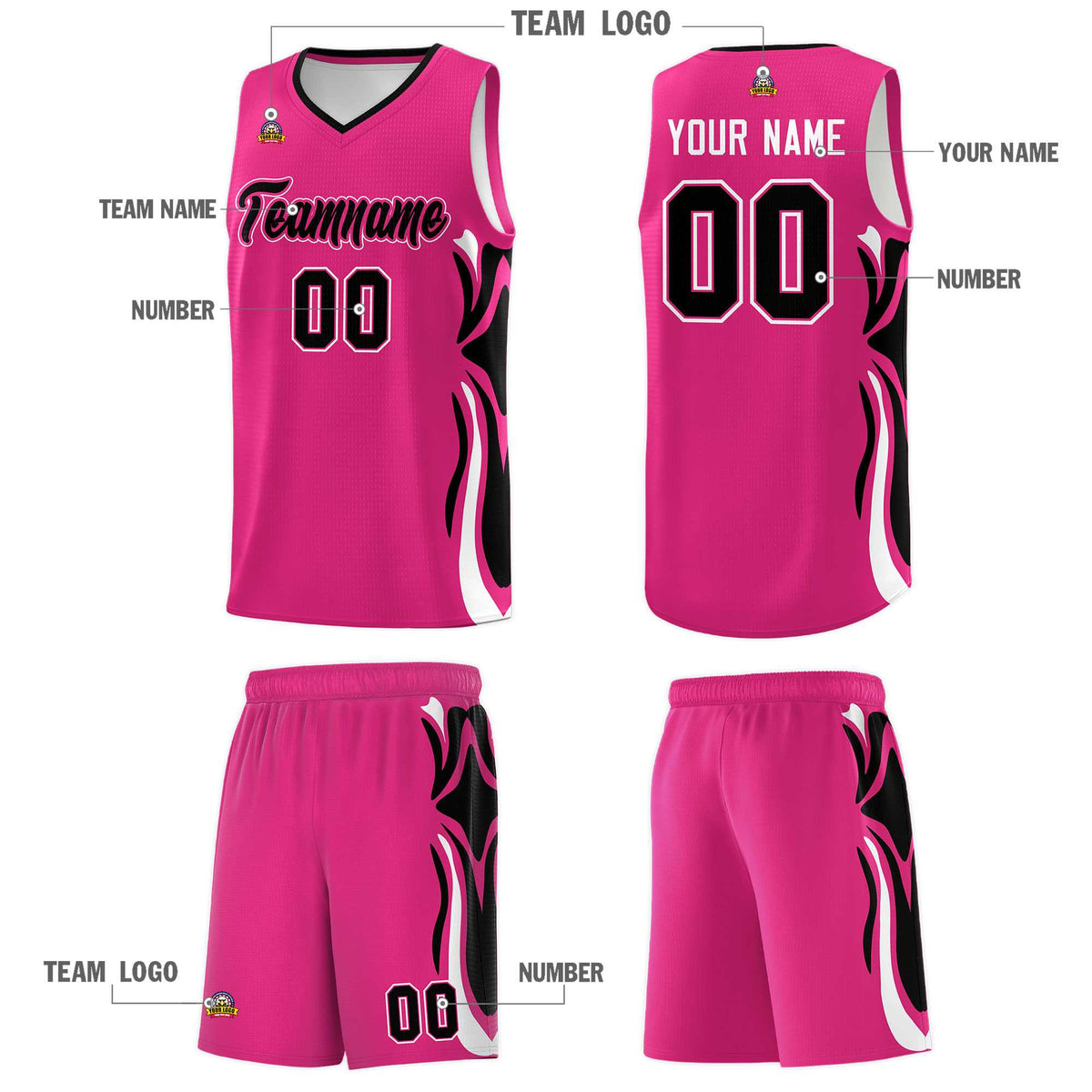 Custom Pink Black-White Graffiti Pattern Side Curve Pattern Sports Uniform Basketball Jersey Sets