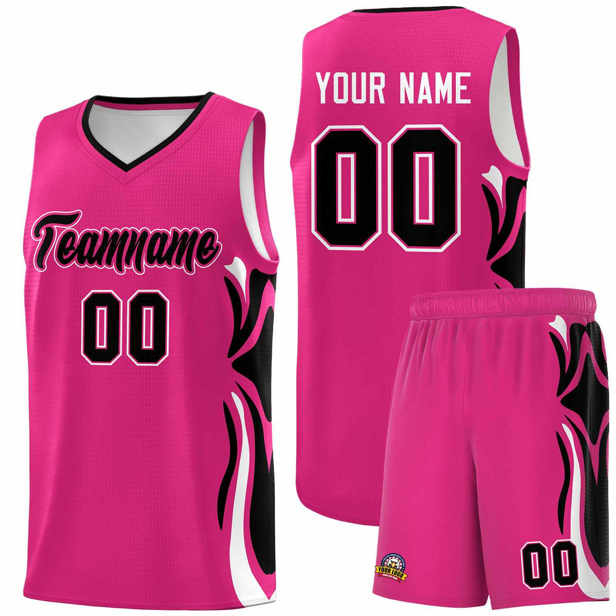 Custom Pink Black-White Graffiti Pattern Side Curve Pattern Sports Uniform Basketball Jersey Sets