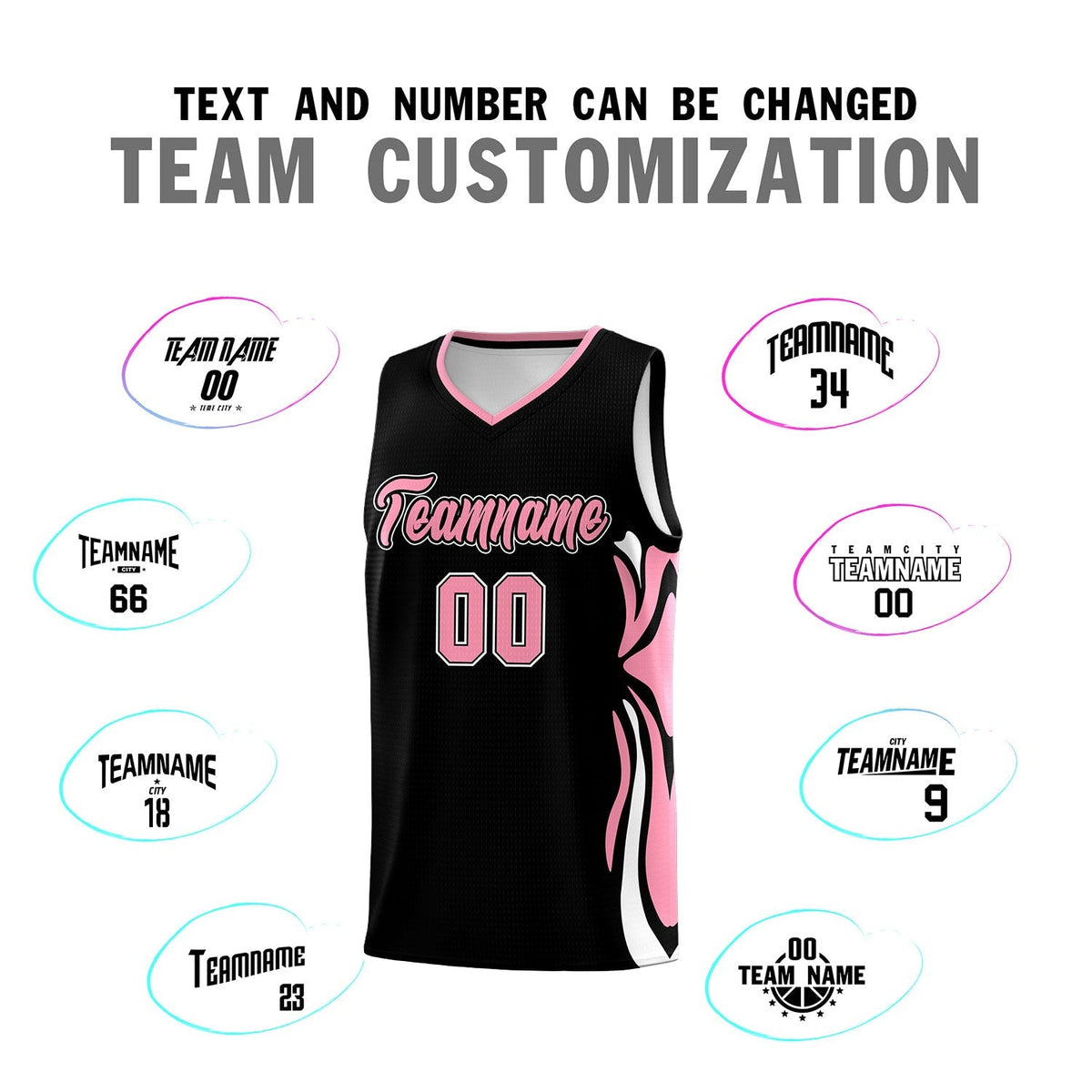 Custom Black Light Pink-White Graffiti Pattern Side Curve Pattern Sports Uniform Basketball Jersey Sets