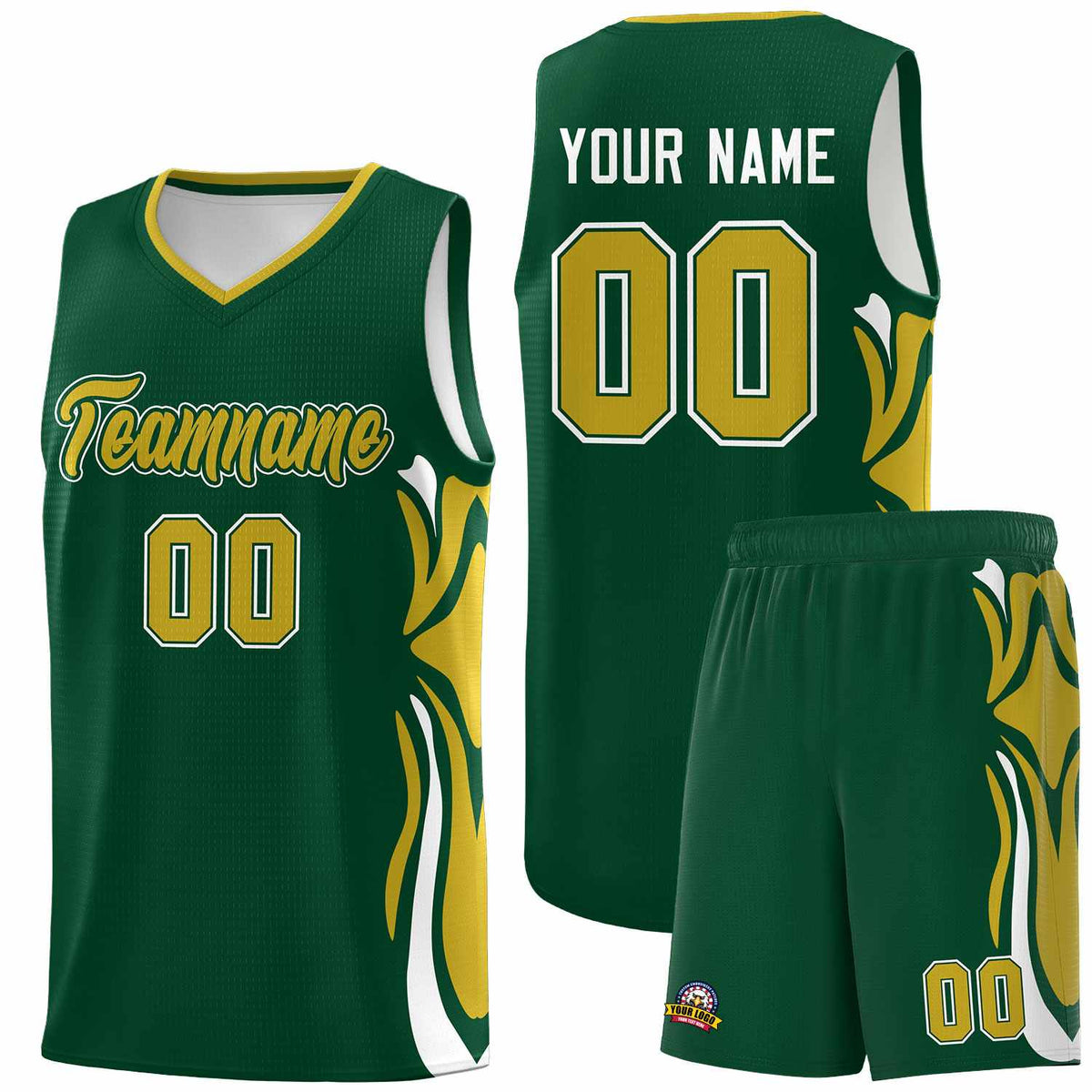 Custom Green Old Gold-White Graffiti Pattern Side Curve Pattern Sports Uniform Basketball Jersey Sets