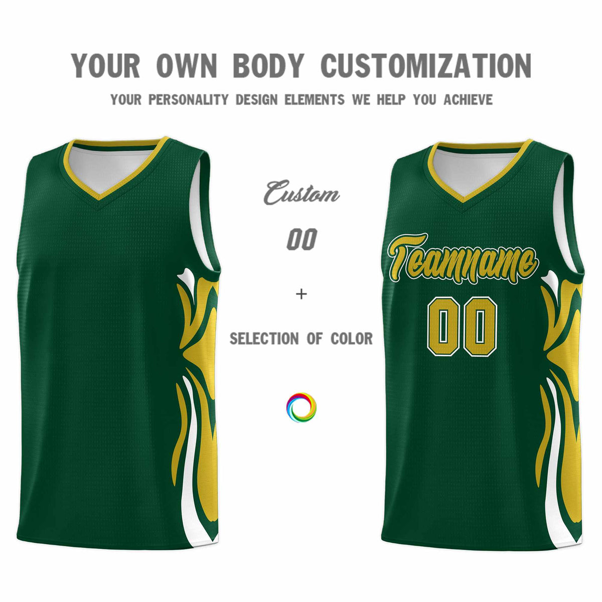 Custom Green Old Gold-White Graffiti Pattern Side Curve Pattern Sports Uniform Basketball Jersey Sets