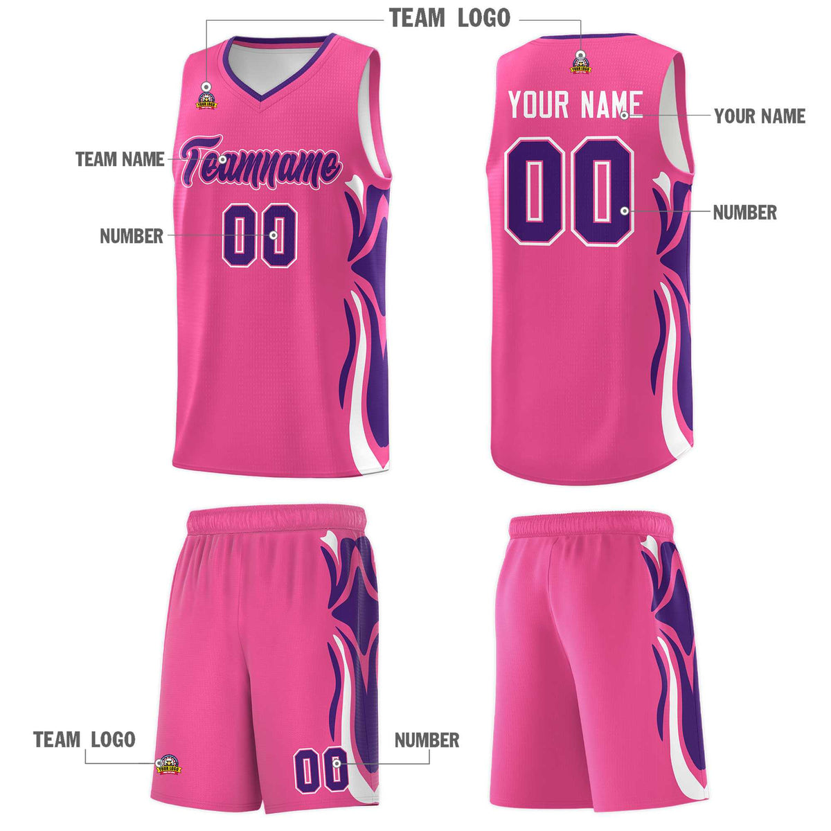 Custom Pink Purple-White Graffiti Pattern Side Curve Pattern Sports Uniform Basketball Jersey Sets