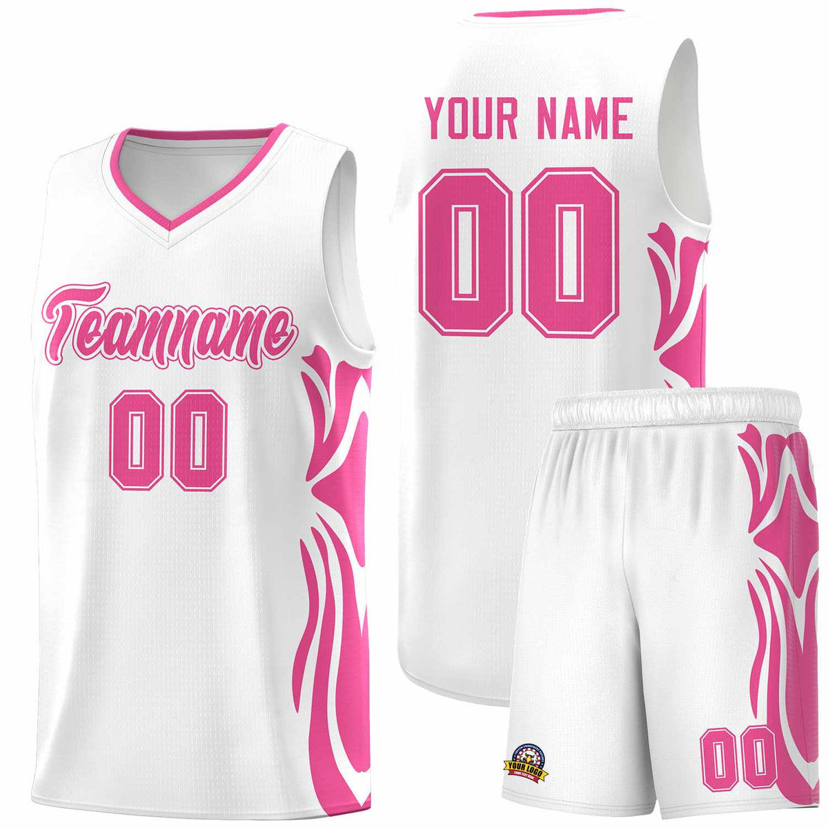 Custom White Pink-Pink Graffiti Pattern Side Curve Pattern Sports Uniform Basketball Jersey Sets
