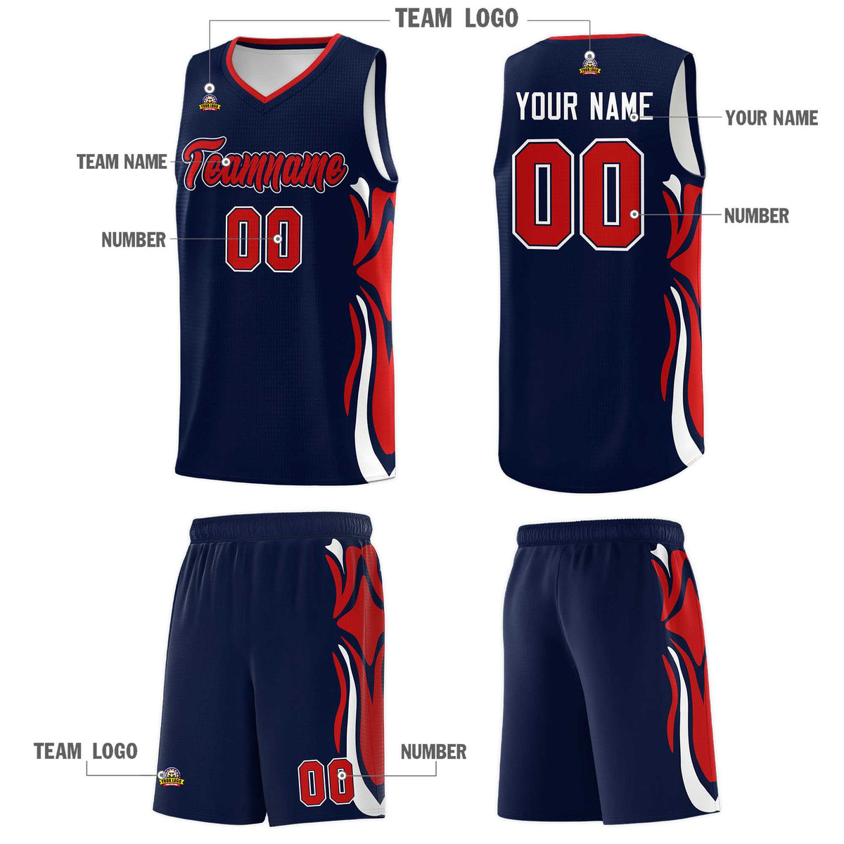 Custom Navy Red-White Graffiti Pattern Side Curve Pattern Sports Uniform Basketball Jersey Sets