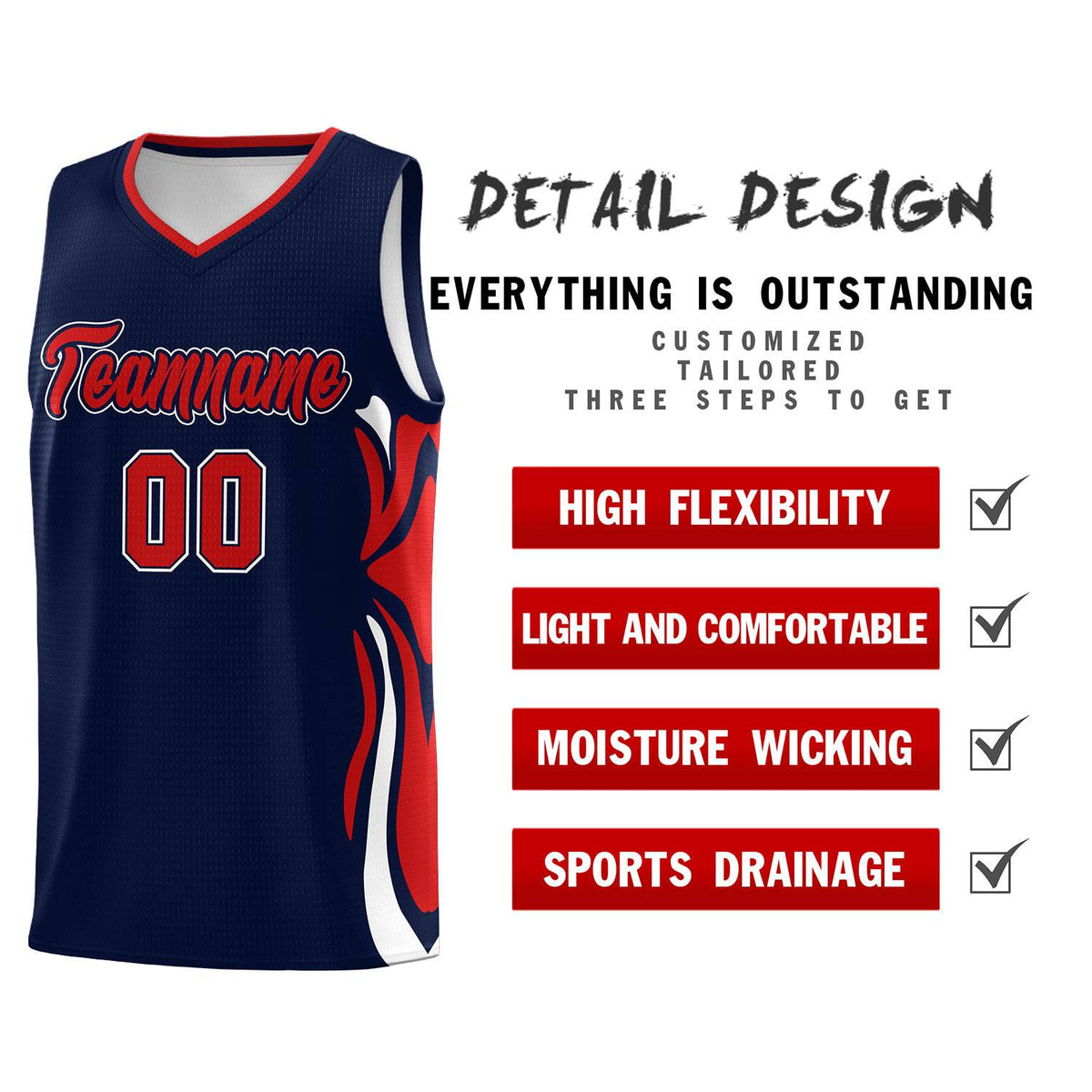 Custom Navy Red-White Graffiti Pattern Side Curve Pattern Sports Uniform Basketball Jersey Sets