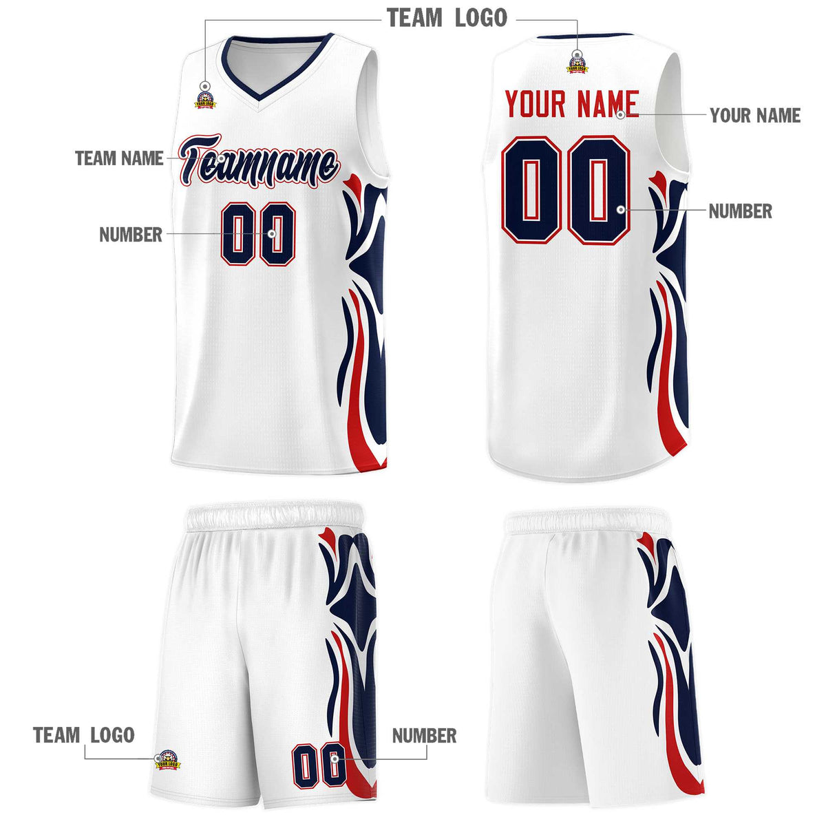 Custom White Navy-Red Graffiti Pattern Side Curve Pattern Sports Uniform Basketball Jersey Sets