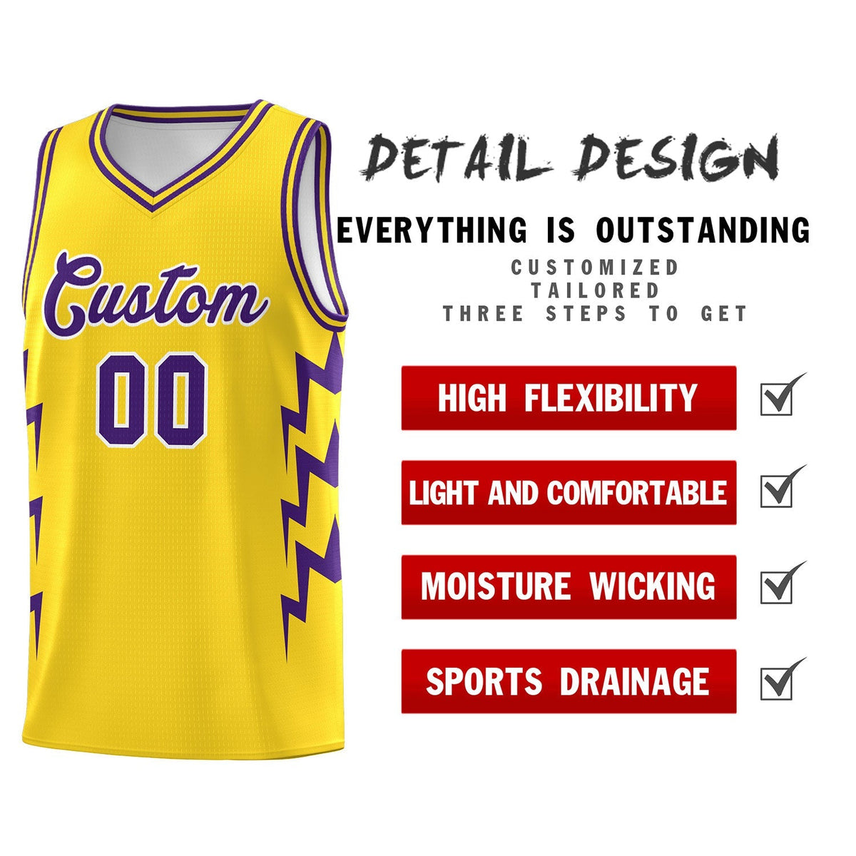 Custom Gold Side Lightning Pattern Sports Uniform Basketball Jersey|KXKSHOP