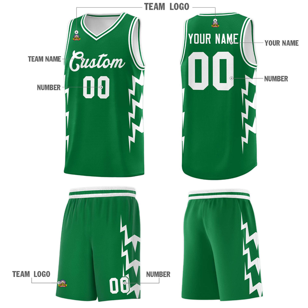 Custom Kelly Green Side Lightning Pattern Sports Uniform Basketball Jersey|KXKSHOP