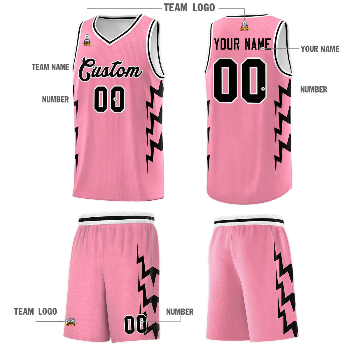Custom Light Pink Side Lightning Pattern Sports Uniform Basketball Jersey|KXKSHOP