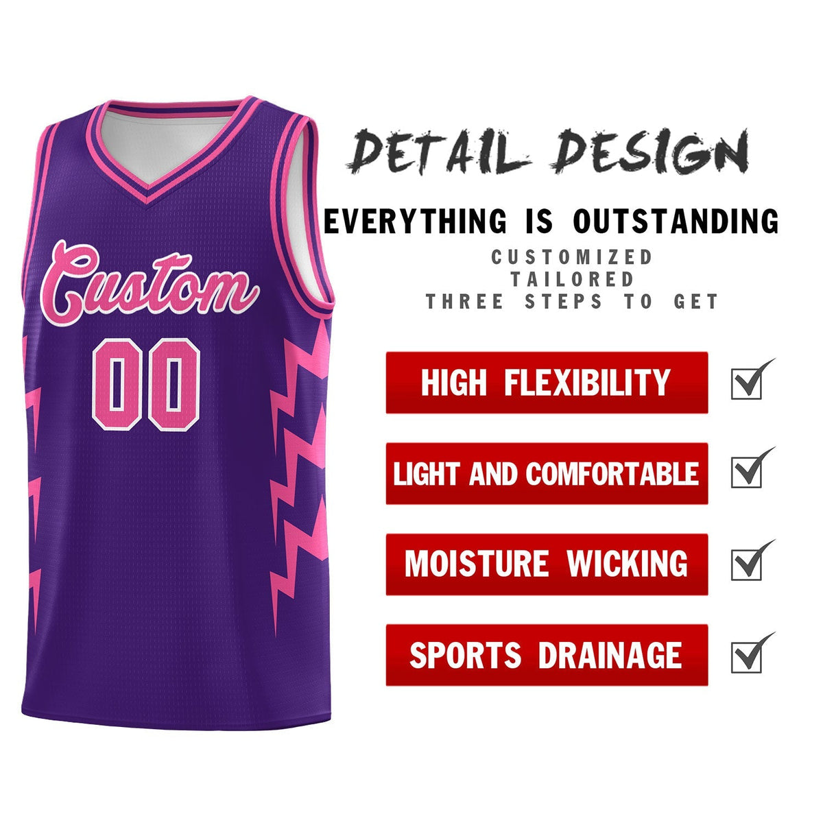Custom Purple Side Lightning Pattern Sports Uniform Basketball Jersey|KXKSHOP