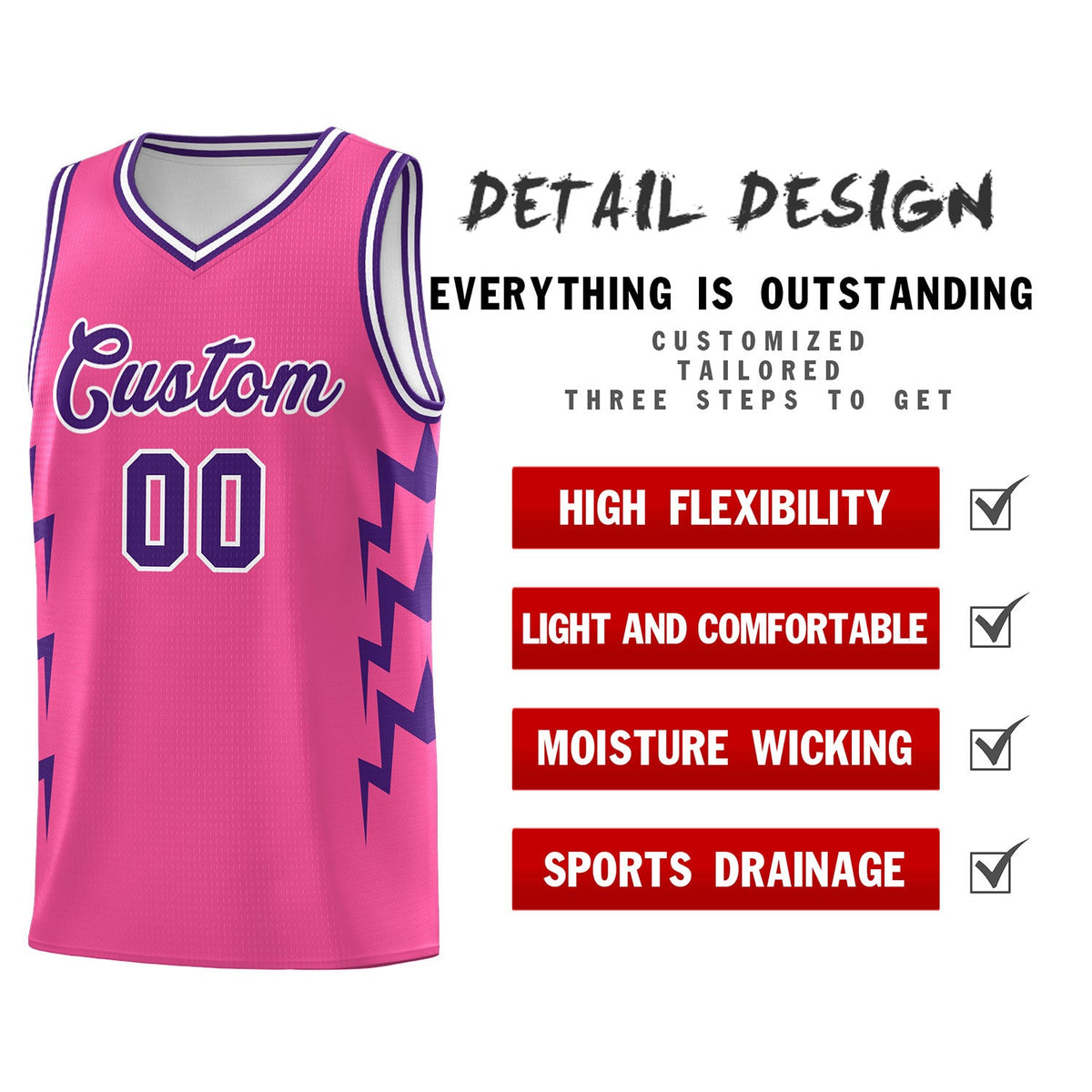 Custom Pink Side Lightning Pattern Sports Uniform Basketball Jersey|KXKSHOP