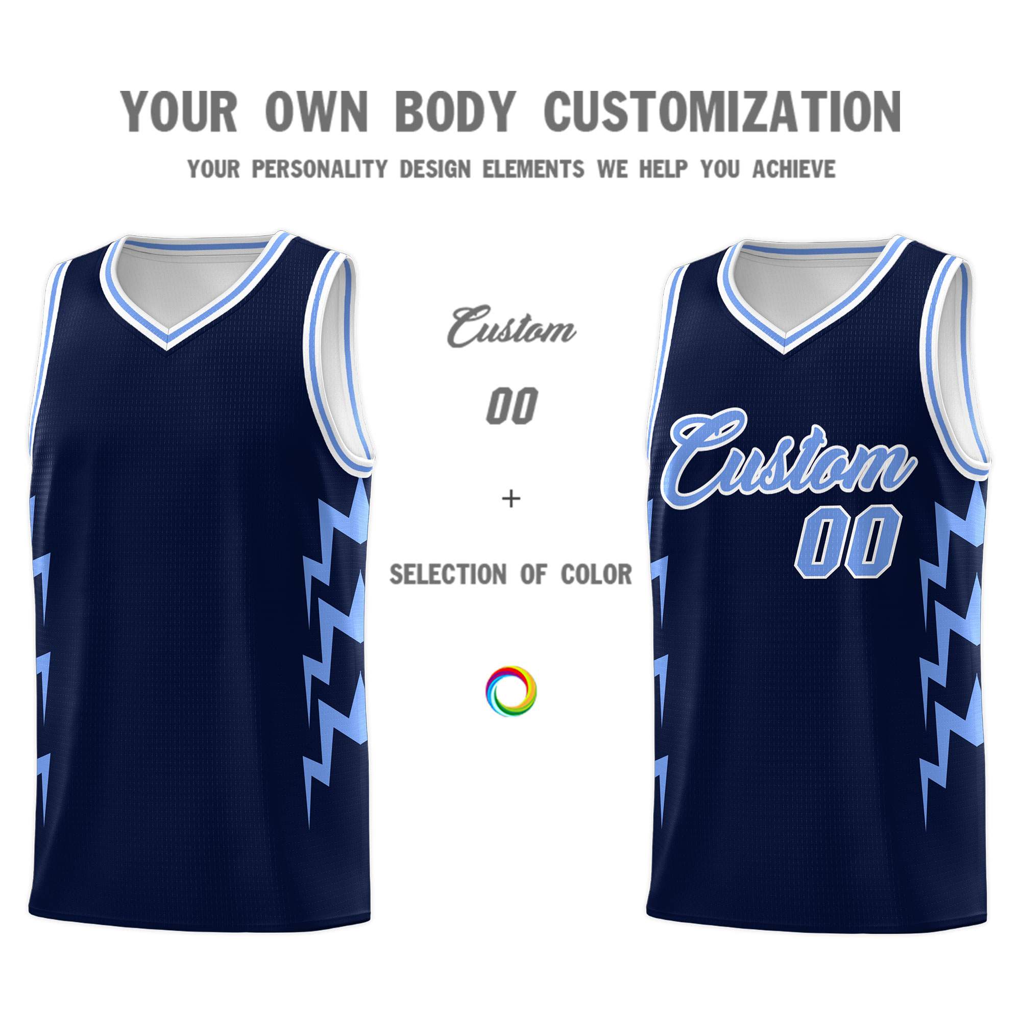 Custom Navy Side Lightning Pattern Sports Uniform Basketball Jersey|KXKSHOP